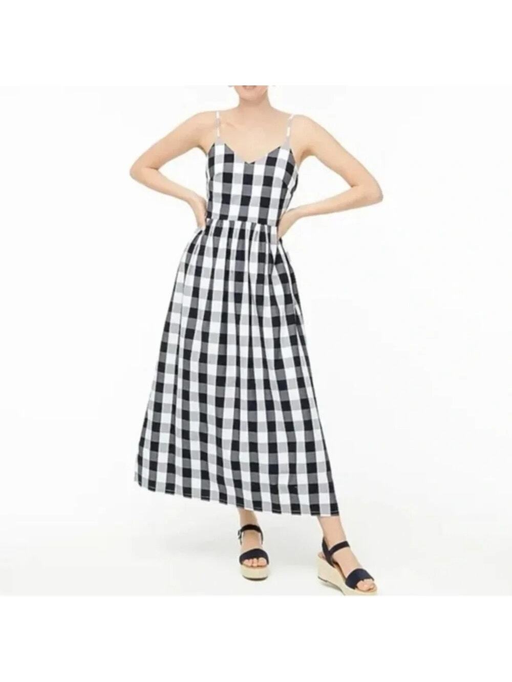 J. Crew Factory Navy Gingham Cotton Poplin Preppy Cottagecore Maxi Dress 6